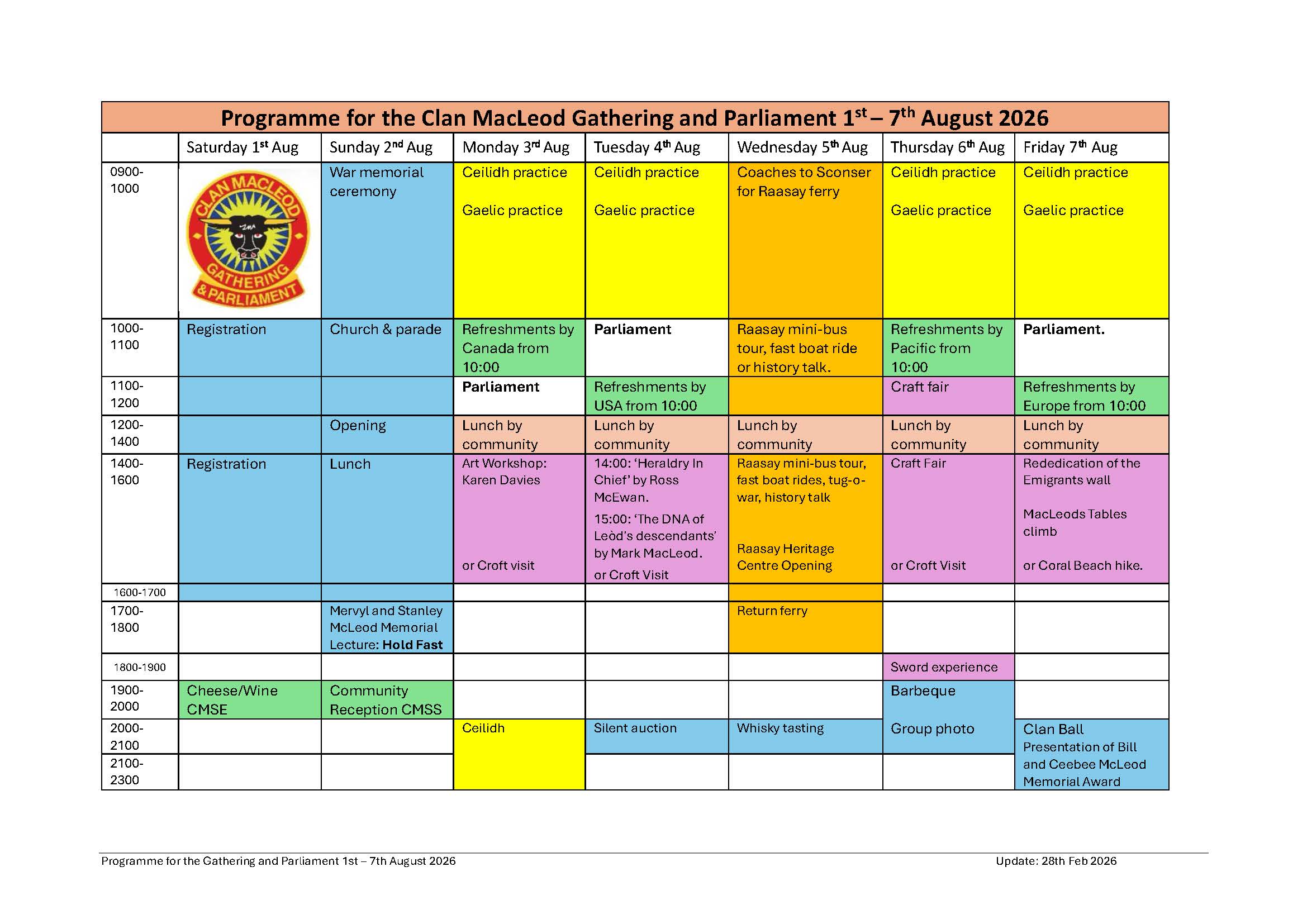 Programme for the Gathering and Parliament 1st – 7th August 2026 - Update 28 Feb 2026